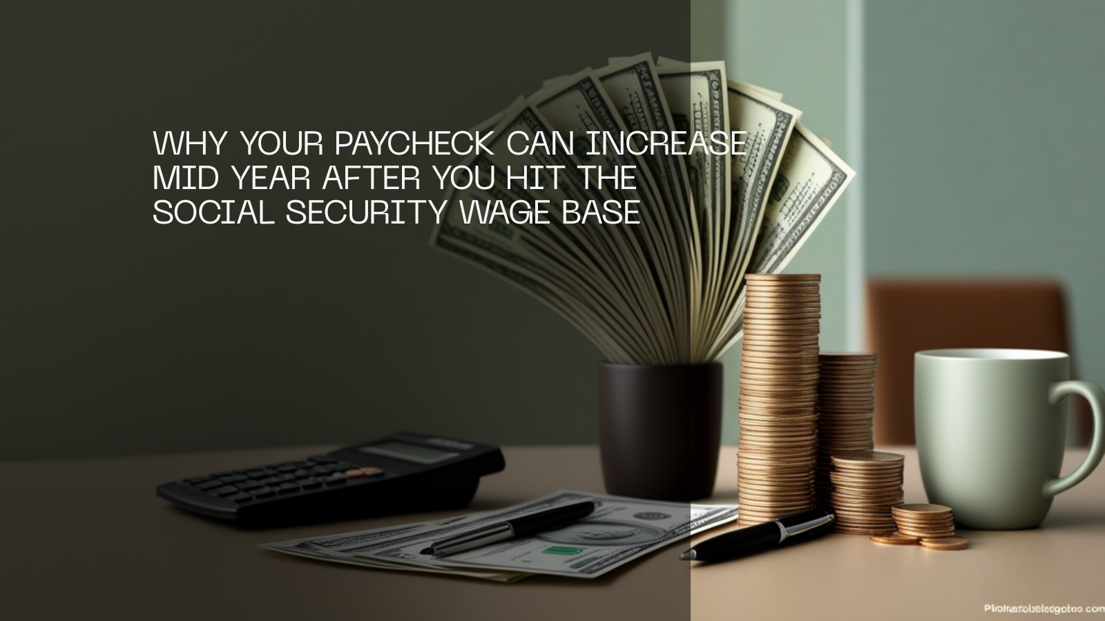 A fanned stack of US dollar bills with rising coin stacks, a calculator and a coffee mug on a desk.