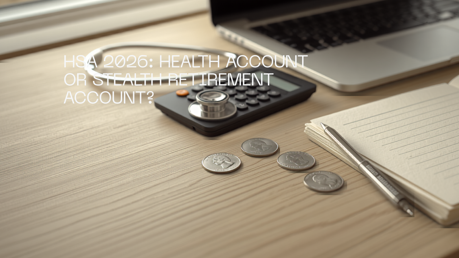 A stethoscope beside US cash, coins, a calculator, pen and notebook on a desk.
