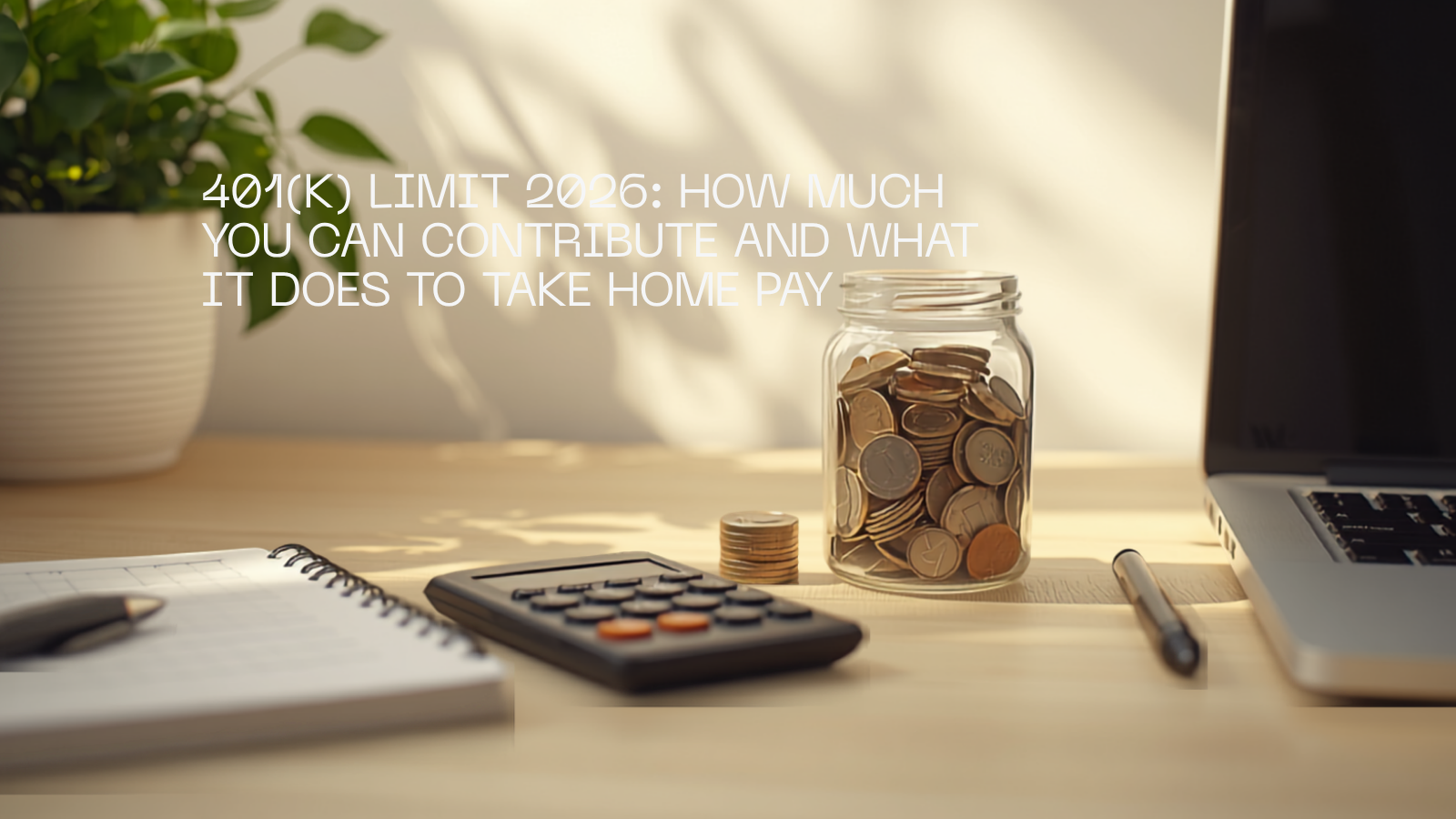 A glass jar of coins with a calculator, pen, notebook and laptop on a light wooden desk.