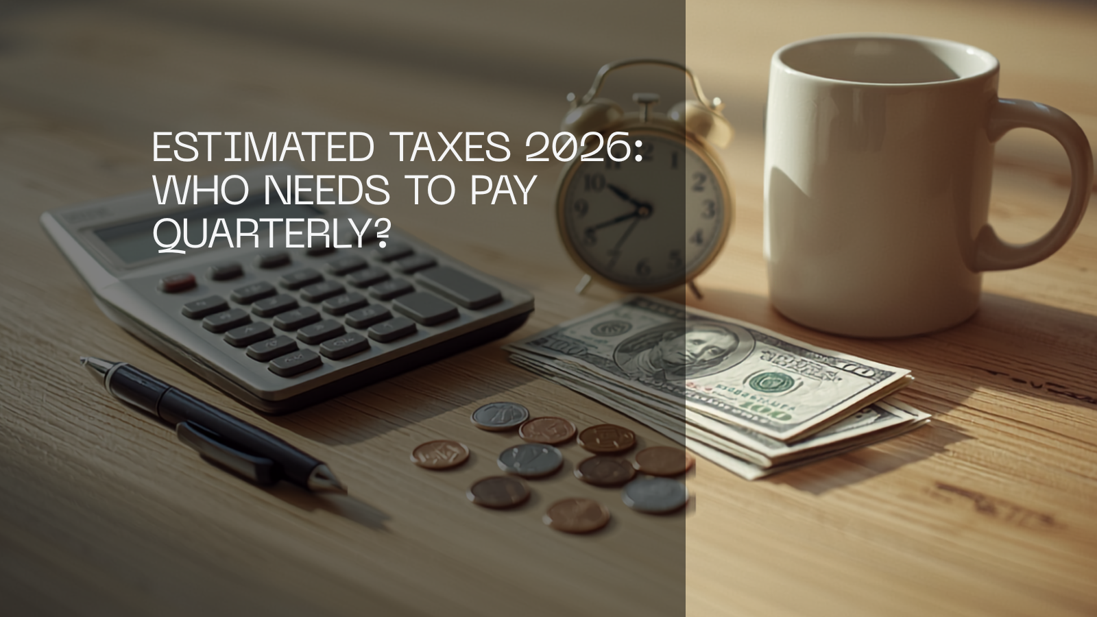 A calculator, an analog desk clock, US cash, coins, a pen and a coffee mug on a wooden desk.