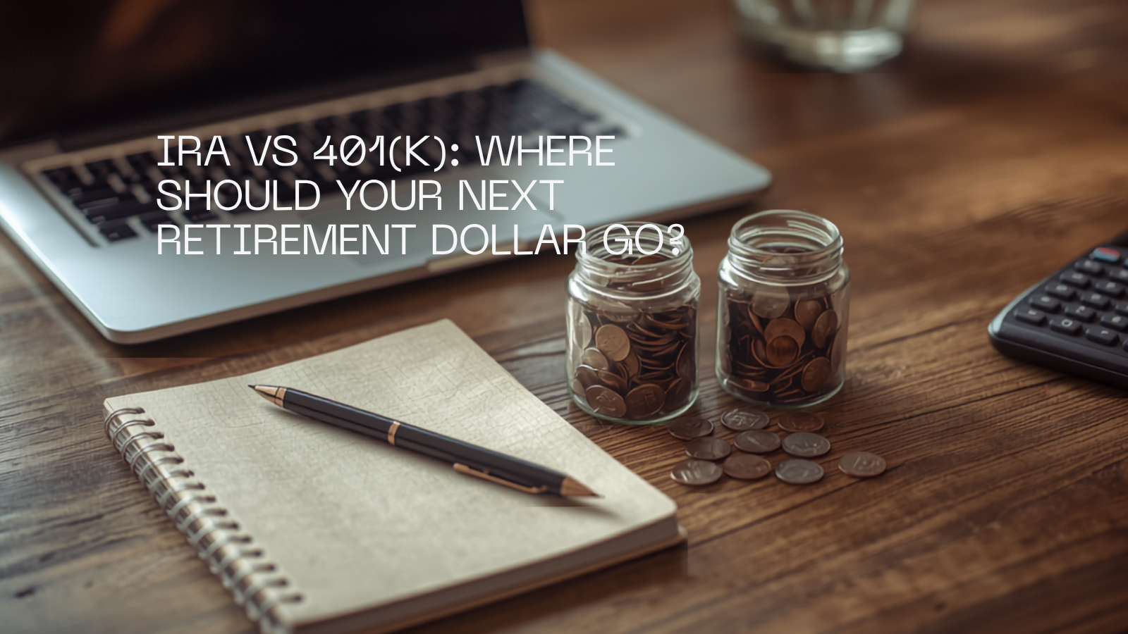 Glass jars of US coins with dollar bills, a calculator, pen and notebook on a wooden desk.
