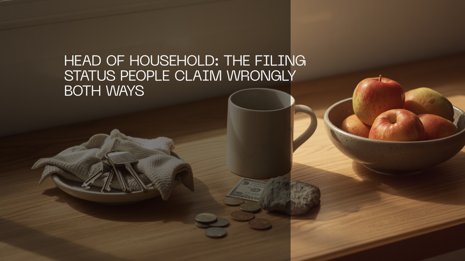 House keys in a dish, a folded child's cardigan, a mug, US dollar bills held by a stone, loose coins and a bowl of apples on a kitchen counter.