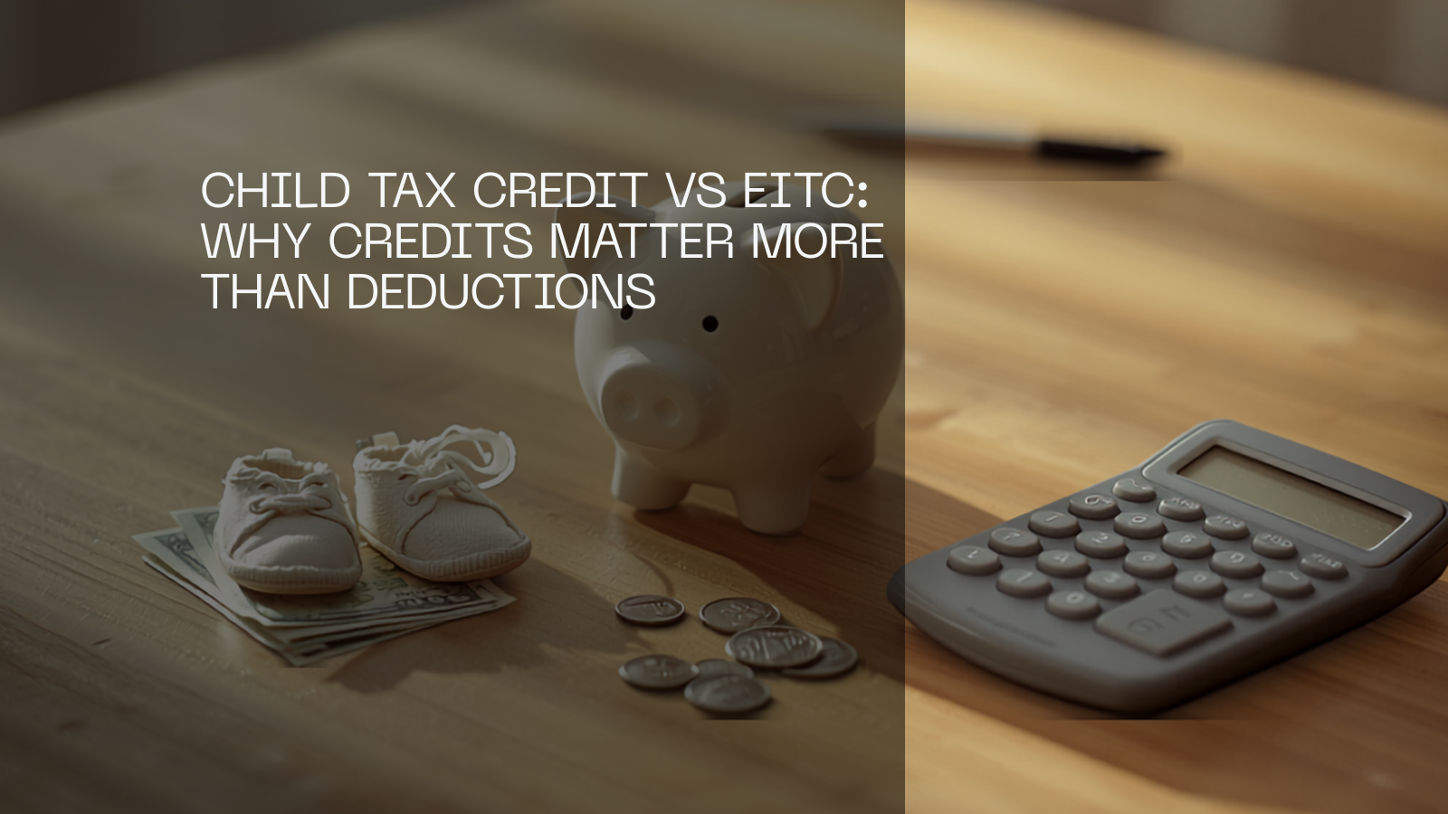 A piggy bank, baby shoes, US cash, coins and a calculator on a table.