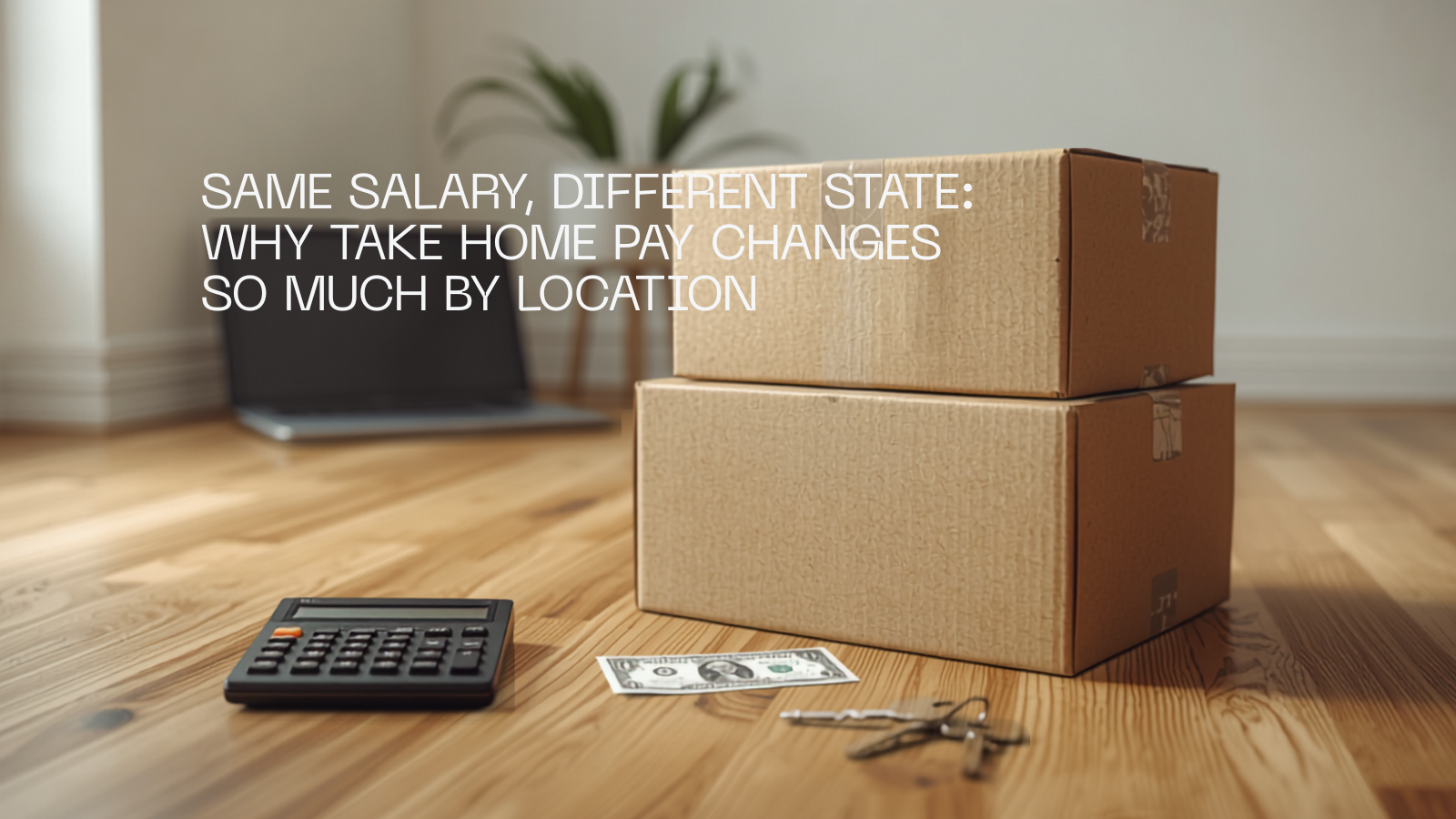 Cardboard moving boxes in a bright room with house keys, US cash, a calculator and a laptop.