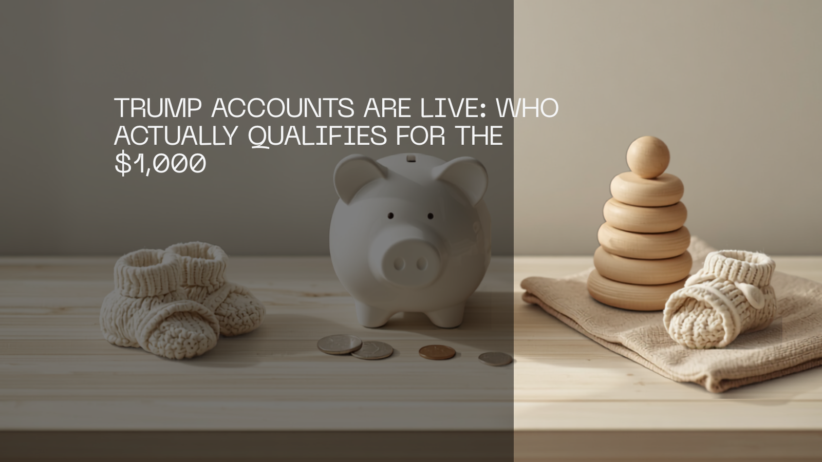 A white ceramic piggy bank, US coins and folded dollar bills, tiny knitted baby booties and a wooden ring stacker toy on a nursery dresser.