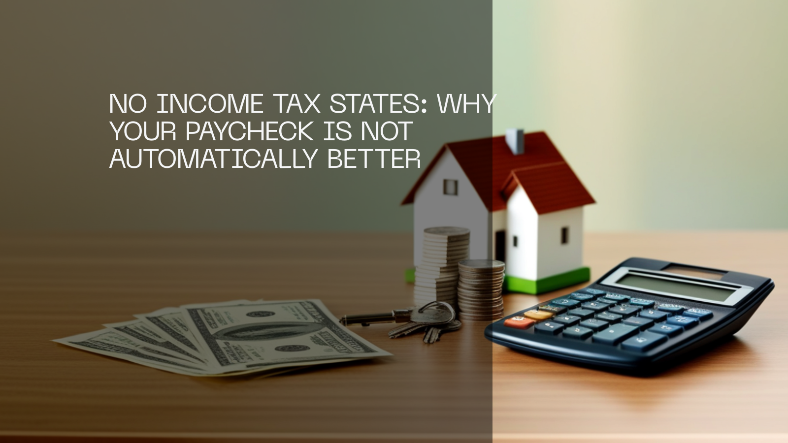 A model house, house keys, US cash, coins, a calculator and receipts on a wooden desk.
