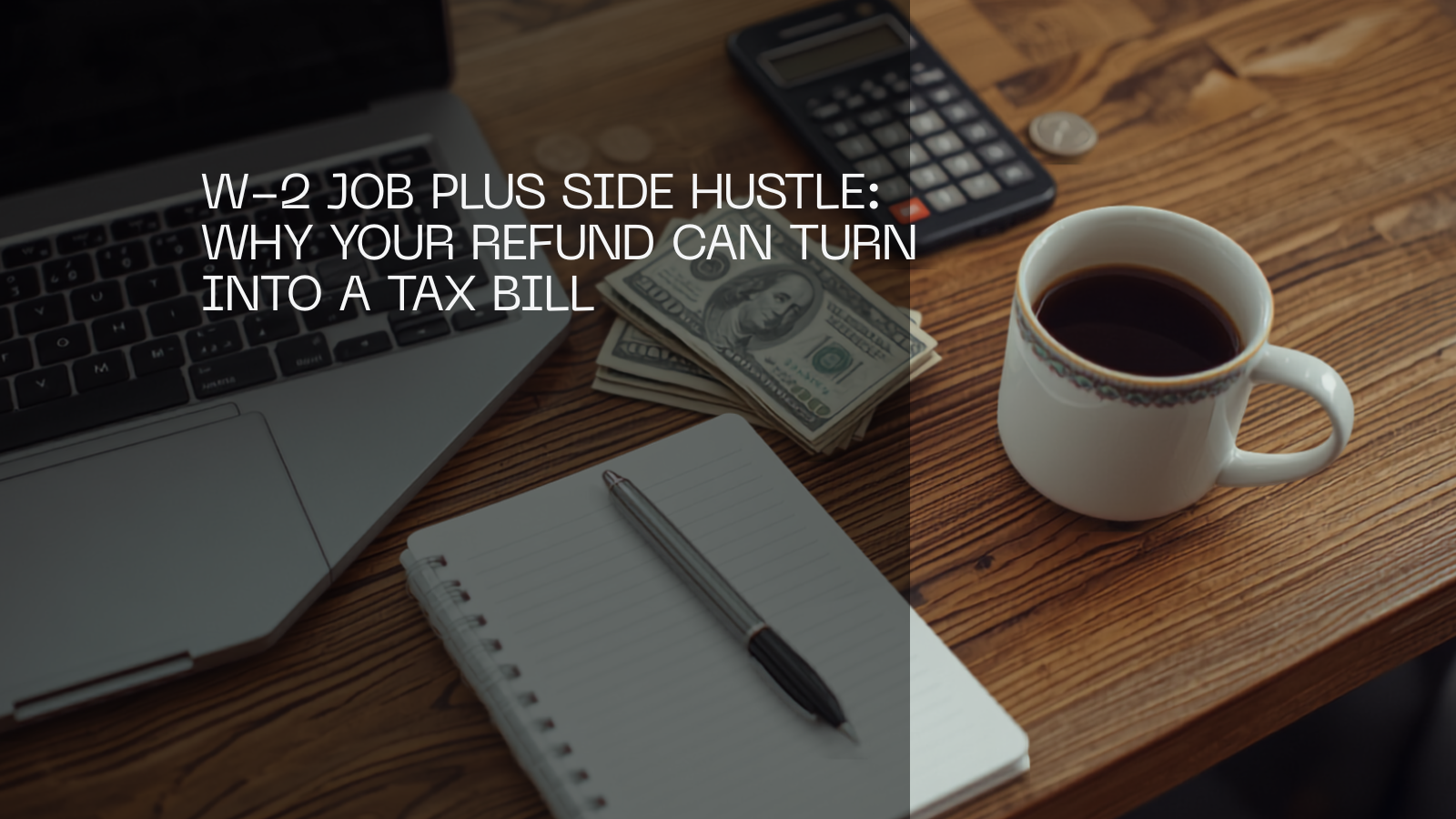 A workspace with a laptop, smartphone, US cash, coins, calculator, pen and coffee on a desk.