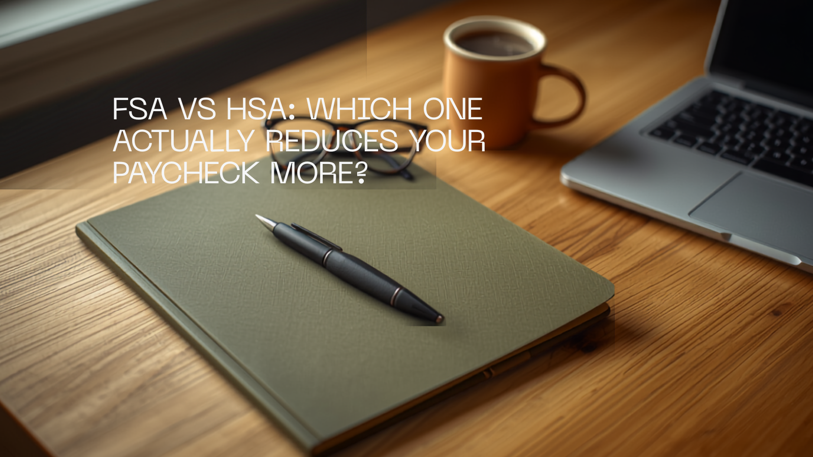Two plain folders side by side with a calculator, pen, reading glasses and coffee mug on a desk.