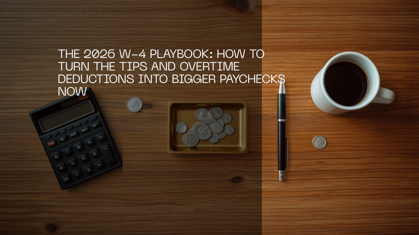 A fan of US dollar bills, coins on a tray, a calculator, pen and coffee mug on a wooden table.