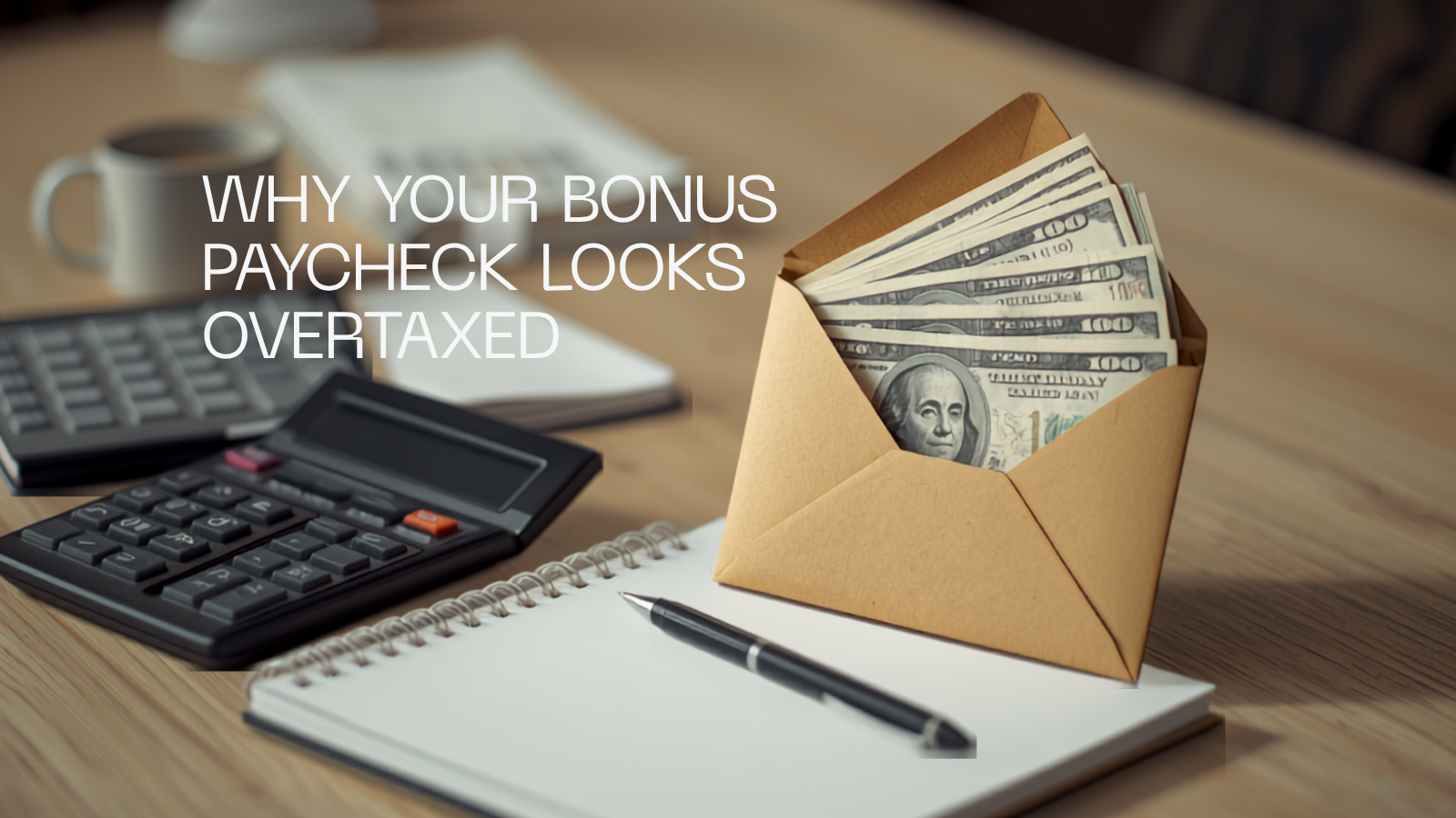 An envelope of US dollar bills with a calculator, pen and notebook on an office desk.