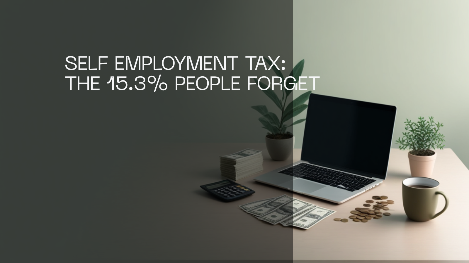 A calculator, US cash, coins, a laptop, coffee mug and a small plant on a freelancer's desk.