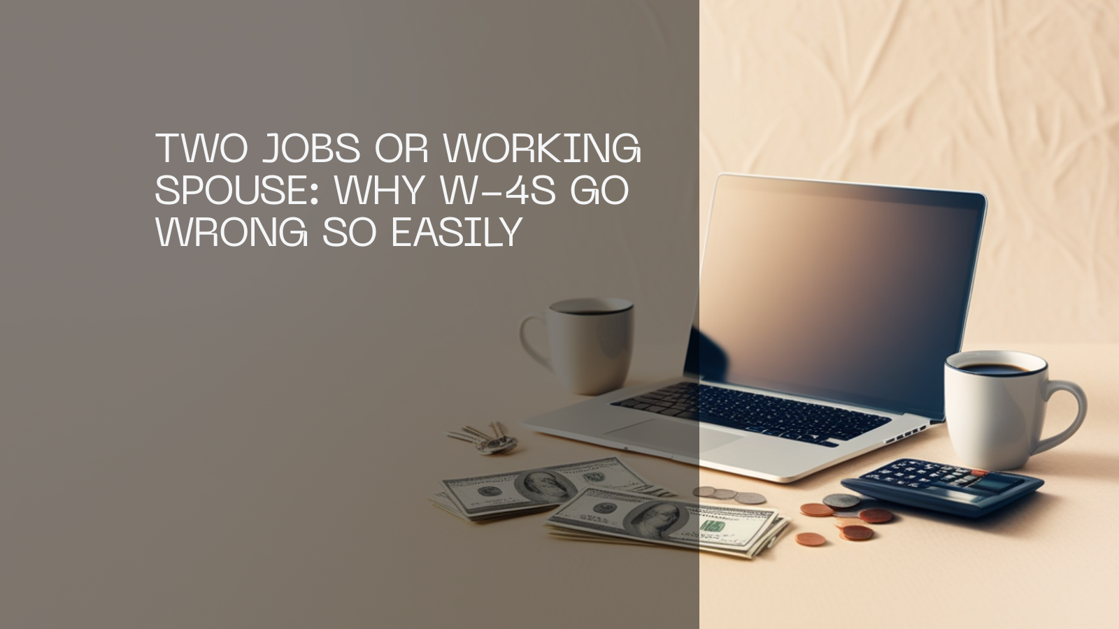 Two coffee mugs, a laptop, two sets of keys, US cash, coins and a calculator on a desk.