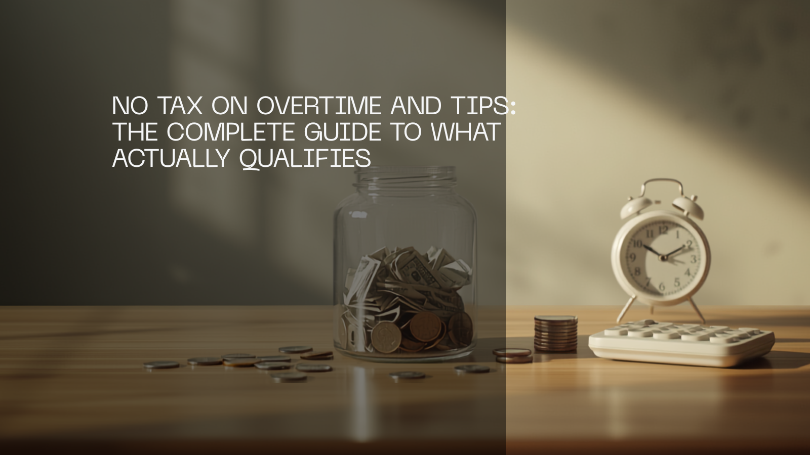 A glass tip jar with US dollar bills and coins, a small clock and a calculator on a cafe counter.