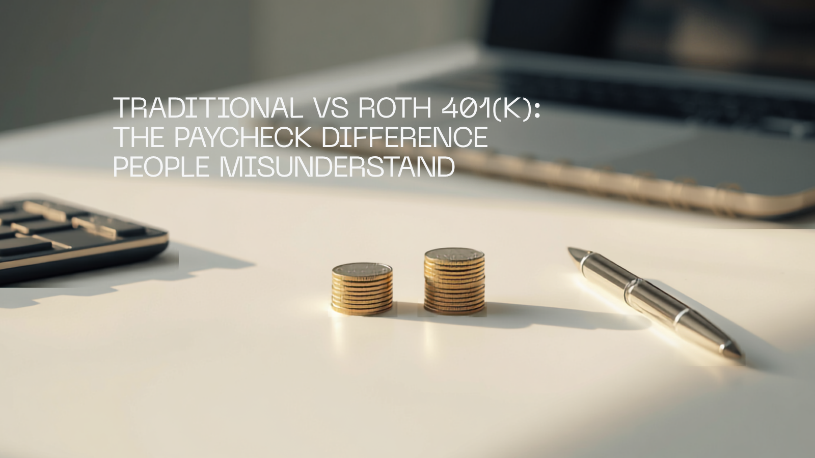 Two stacks of coins side by side with a calculator, pen, notebook and laptop on a desk.