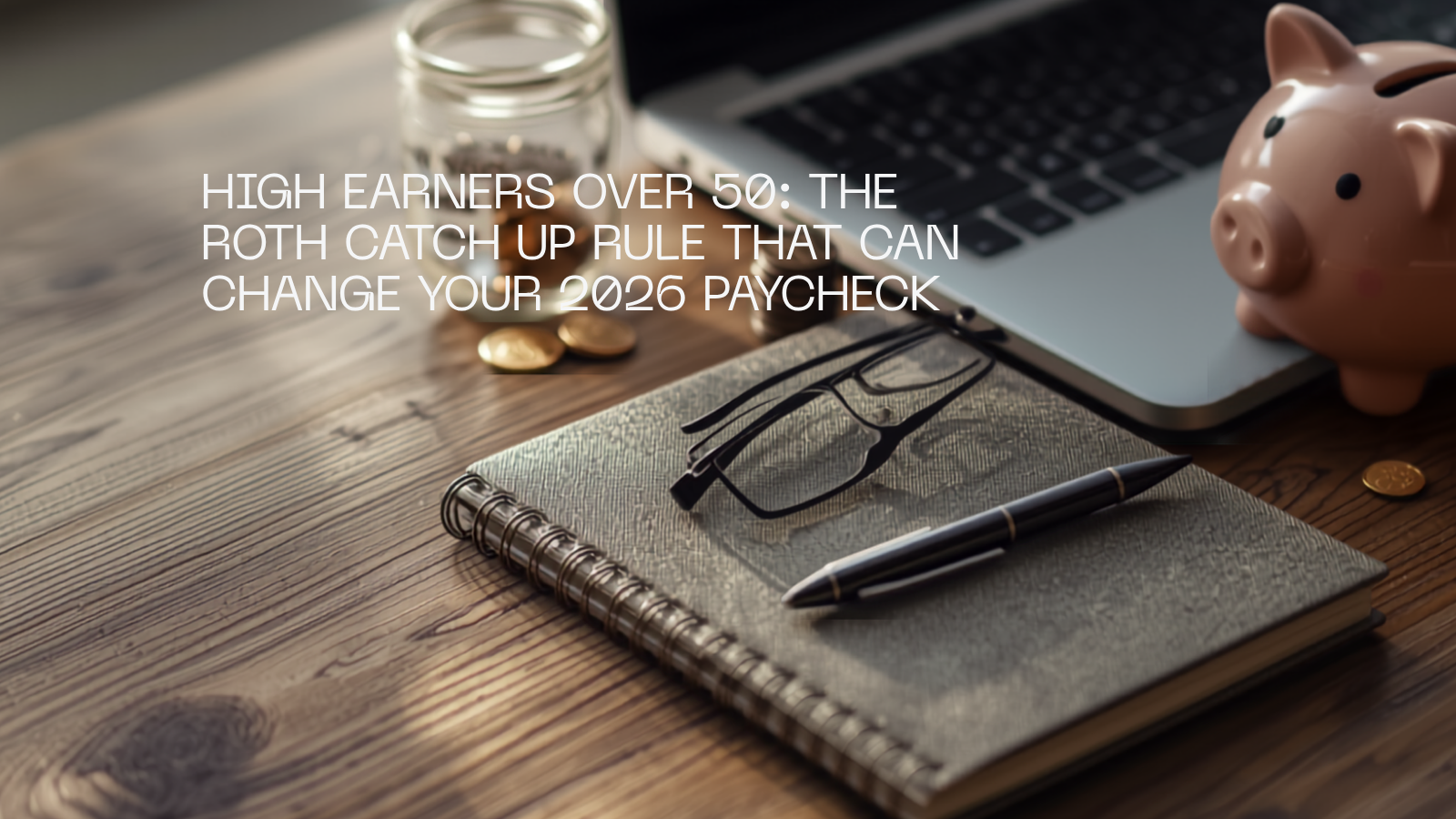 A home office desk with coins, a savings jar, calculator, reading glasses and a notebook.