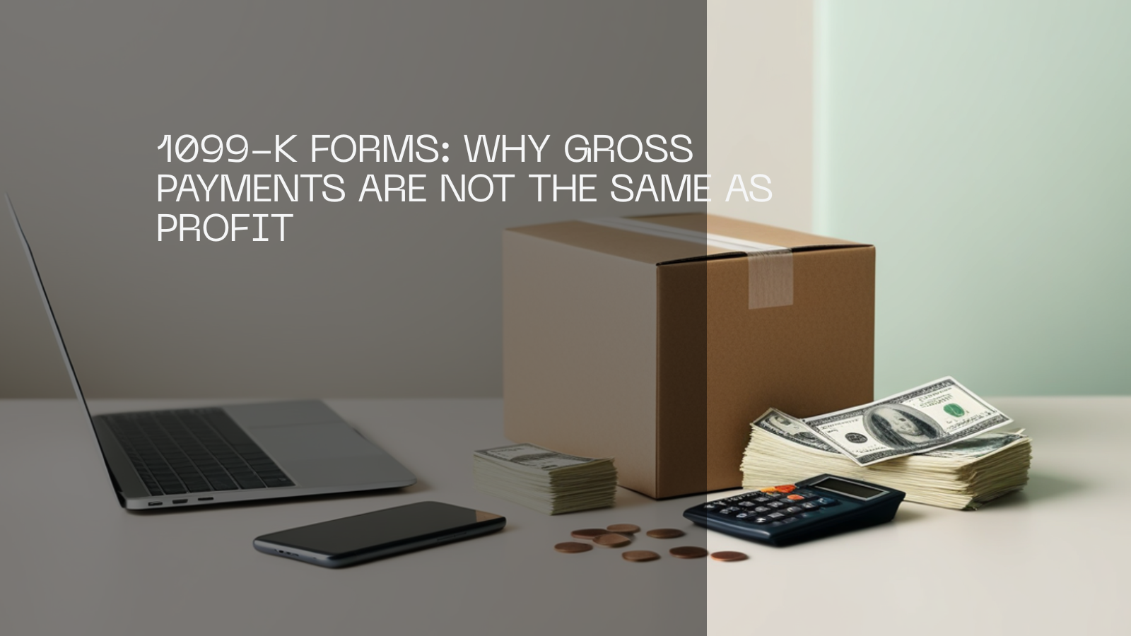 A laptop, smartphone, plain cardboard box, US cash, coins and a calculator on a desk.
