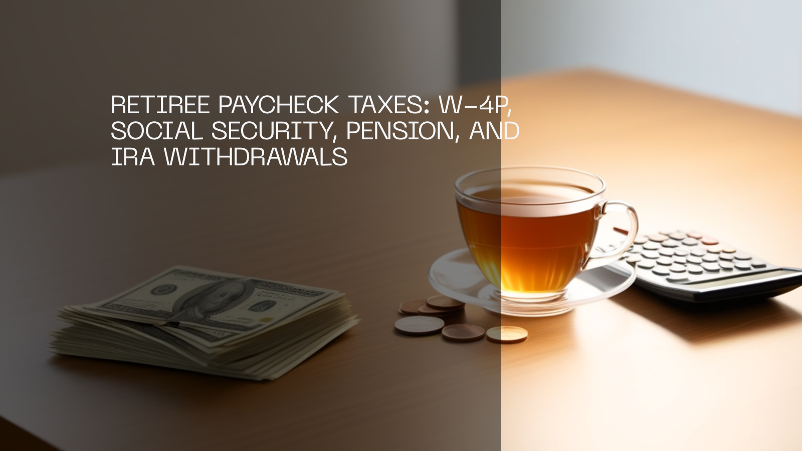 Reading glasses, a warm mug, US cash, coins and a calculator on a wooden desk.