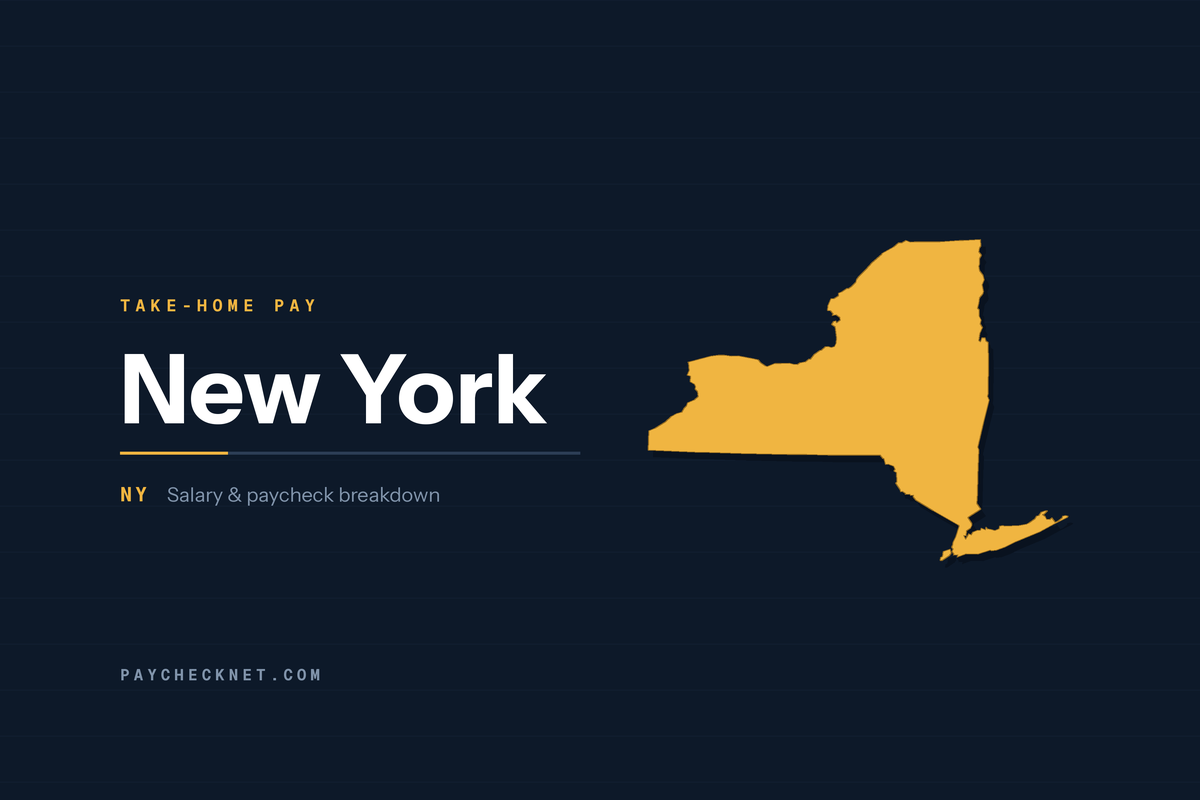Map of New York labelled Take-Home Pay, illustrating New York salary and paycheck tax breakdowns